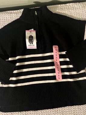 DKNY Black and White Striped Half-Zip Turtleneck Sweater